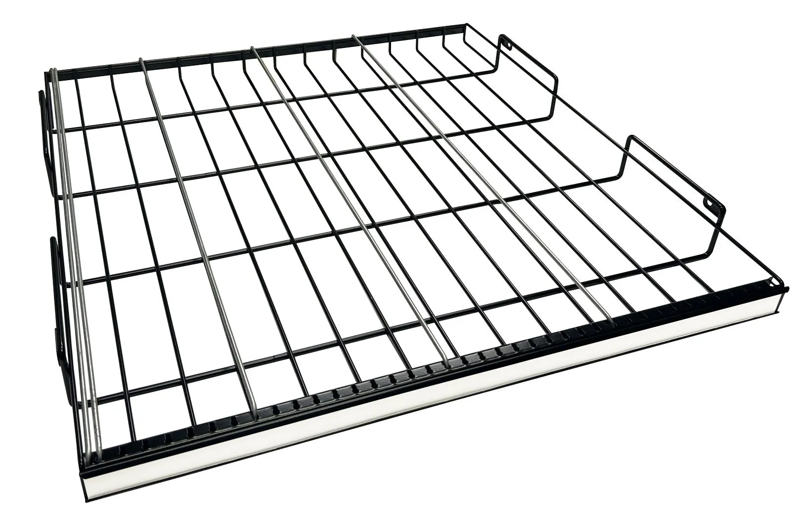Universal can roller: a black wire gravity-feed shelf with adjustable dividers and a front graphic channel