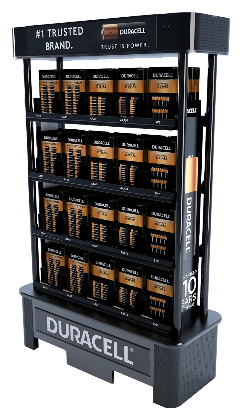 Duracell wing stacker display: a black four-shelf floor unit loaded with battery packs, with a header sign and a branded base